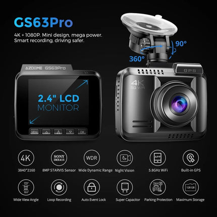 AZDome GS63H Pro True 4K 2CH Wifi GPS 64gb Dashcam